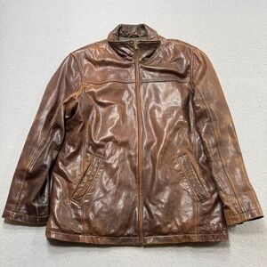 Danier Leather Jacket Mens Large Brown Pinstripe Lining Rugged Patina Motorcycle